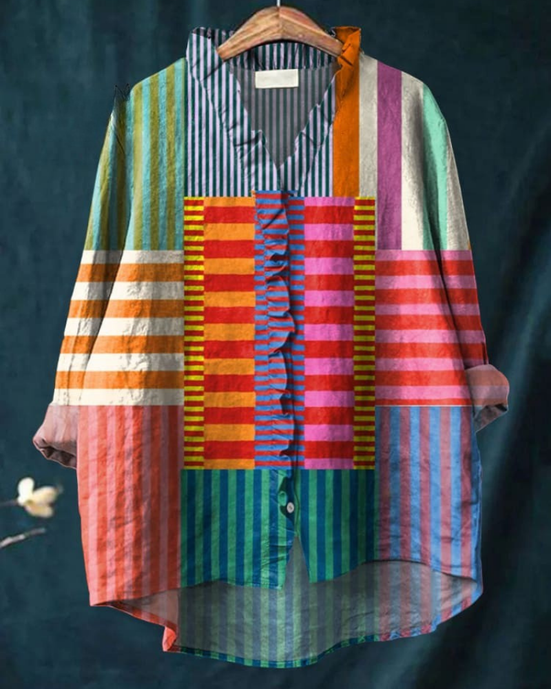 Elodie - Abstract Geometric Pattern Ruffle Shirt