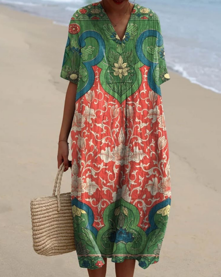 Cleo - Vintage-Inspired Floral V-Neck Flowy Dress